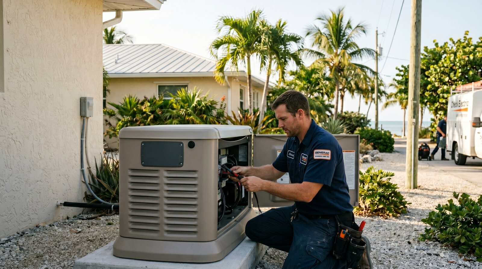 Check Electric technician commissioning a Generac home standby unit beside a Florida Keys home