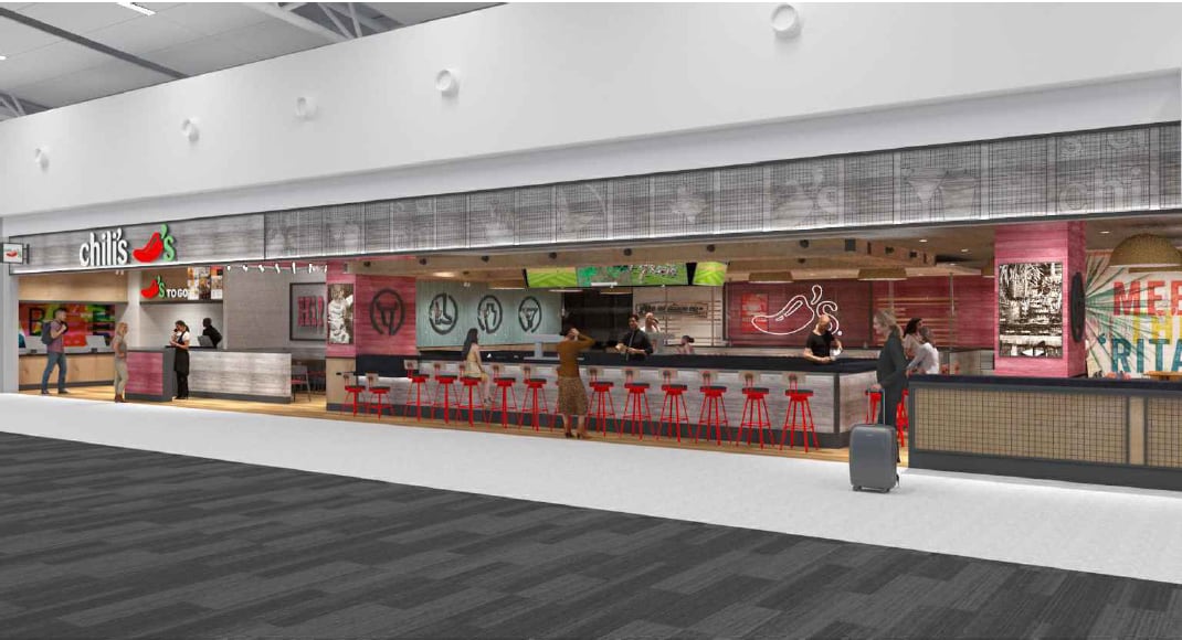Architectural rendering of an airport bar and service counter with feature lighting