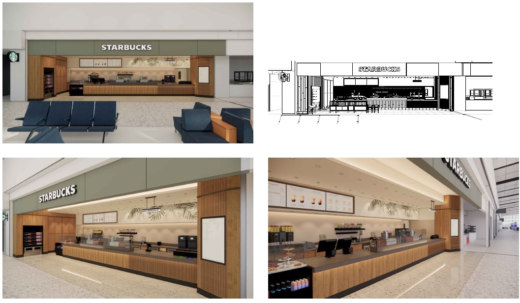 Design board for the Starbucks concession at Key West International Airport, showing renderings and a floor plan