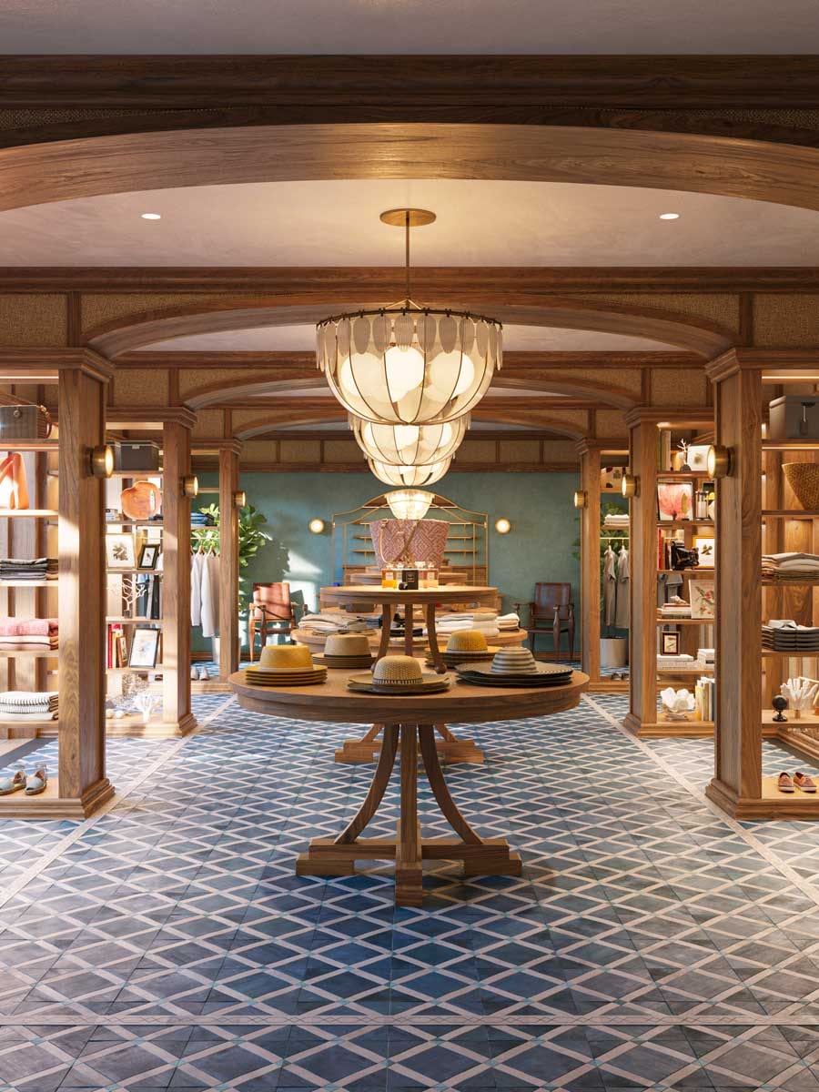 Resort boutique at Little Palm Island under a woven chandelier