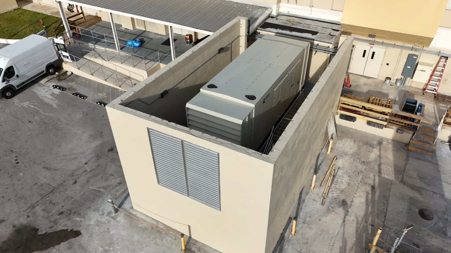 The new one-megawatt generator seated in its enclosure at Lower Keys Medical Center