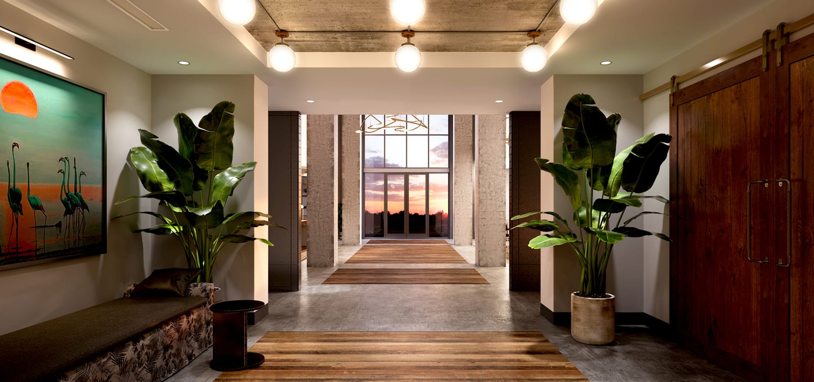 Perry Hotel Naples lobby corridor with recessed and pendant lighting