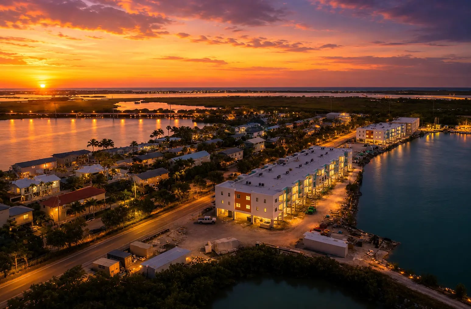 Quarry Phase III at dusk, the apartment buildings and waterfront site lit at sunset